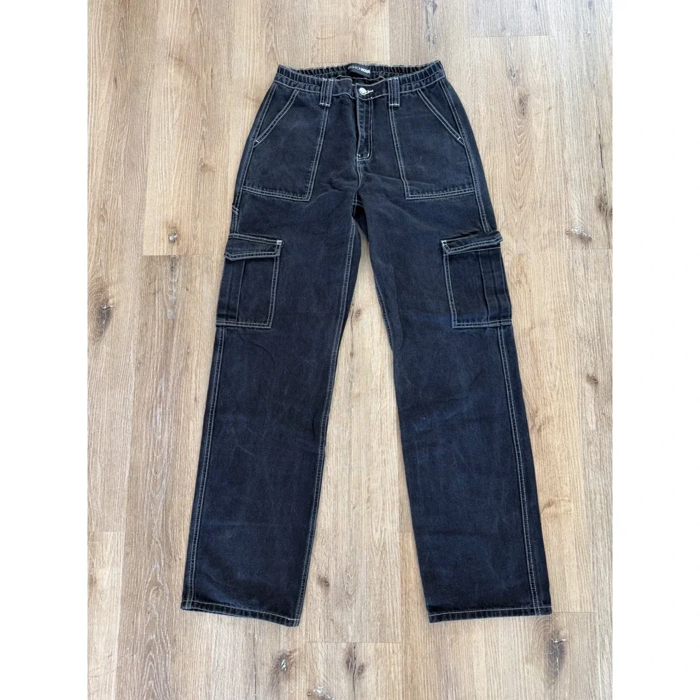 Fashion Nova Cargo Jeans Womens 7 Black Contrast Stitch Relaxed Straight Utility